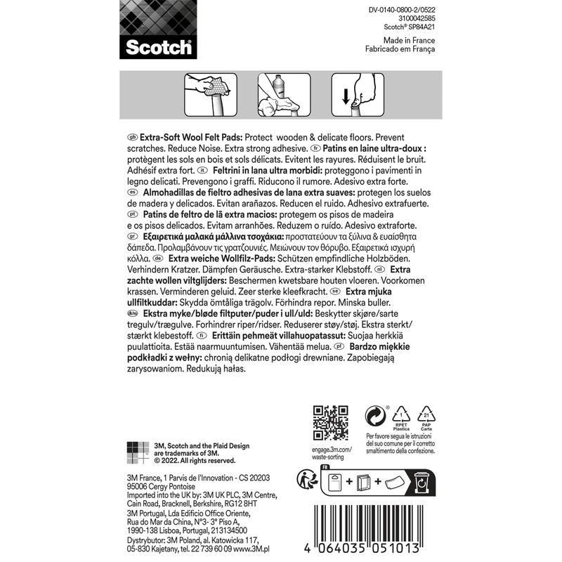 Štítok pre Scotch® Extra mäkké filcové podložky, samolepiace, béžové od 3M Deutschland GmbH s viacjazyčným textom, ikonami s pokynmi na použitie a funkciami, ako aj čiarovým kódom a kontaktnými informáciami spoločnosti na spodnom okraji.