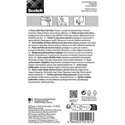 Štítok pre Scotch® Extra mäkké filcové podložky, samolepiace, béžové od 3M Deutschland GmbH s viacjazyčným textom, ikonami s pokynmi na použitie a funkciami, ako aj čiarovým kódom a kontaktnými informáciami spoločnosti na spodnom okraji.