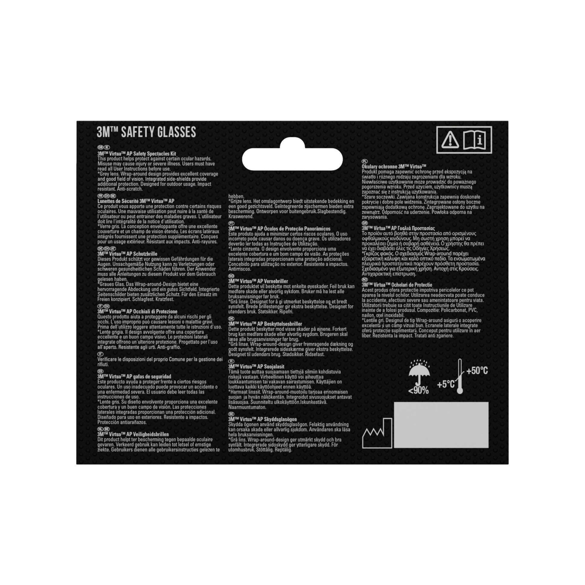 Rückseite einer 3M™ Virtua™ AP Schutzbrille, graues Glas (1 Stück) Verpackung der 3M Deutschland GmbH mit Produktinformationen, Anweisungen und Warnhinweisen in mehreren Sprachen auf schwarzem Hintergrund; Sicherheits- und Temperatursymbole unten rechts.