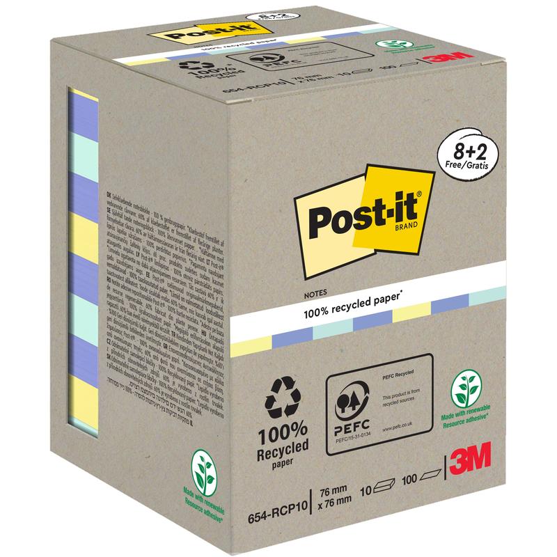 Post-it® Recycling Notes od 3M Deutschland GmbH, veľkosť 76x76 mm, z 100% PEFC-certifikovaného papiera, akčná balenie s 10 blokmi po 100 listov. Krabica s recyklačnými symbolmi a environmentálnymi certifikáciami.