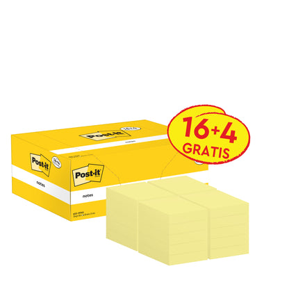 Žltý propagačný balíček lepiacich lístkov Post-it® (3M Deutschland GmbH), 38x51mm, 100 listov/blok, obsahuje 16 blokov plus 4 zadarmo (16+4 ZADARMO). Obsahuje ikonické logo Post-it; lepiace lístky sú certifikované PEFC (SGSCH-PEFC-COC-110078).
