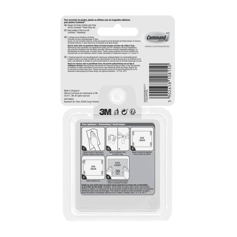 Na zadnej strane Command™ Poster-Strips v balení 17024-VP od 3M Deutschland GmbH sa nachádza návod vo francúzštine, holandčine a nemčine, čiarový kód, logá 3M a Command, ako aj ilustrované kroky na upevnenie bez vŕtania.