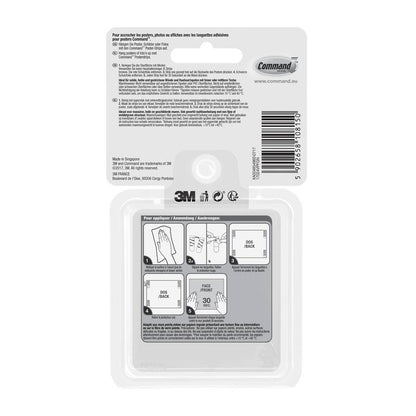 Na zadnej strane Command™ Poster-Strips v balení 17024-VP od 3M Deutschland GmbH sa nachádza návod vo francúzštine, holandčine a nemčine, čiarový kód, logá 3M a Command, ako aj ilustrované kroky na upevnenie bez vŕtania.