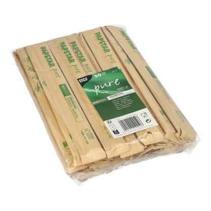 Číre plastové balenie s 50 pármi PAPSTAR jedálenských paličiek "pure" 23 cm, každý pár jednotlivo zabalený. Zeleno-biela etiketa na vrchu ukazuje názov značky PAPSTAR GmbH pre jednoduchú identifikáciu.