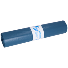 Eine aufgerollte DEISS 10022 Müllsäcke Rolle (20 Stück, 860x1100x0,06 mm, blau) von EMIL DEISS KG (GmbH + Co.) mit weiß-blauem Etikett in der Mitte für professionelle Anwendung vor hellem Hintergrund.