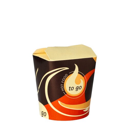 Zatvorený, prázdny Starpak 50 Snackbox „To Go“ hranatý (550 ml) od Starpak v hnedej, červenej a žltej farbe s nápisom „HOT FOOD To Go“ na prednej strane, je zobrazený na jednoduchom bielom pozadí.