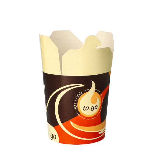 Die Starpak 50 Snackboxen "To Go" eckig - 550 ml von Starpak sind Pappbehälter für Essen zum Mitnehmen mit beige-braun-orangefarbenem Design und den Aufschriften „To Go“ und „Warm Food“. Abgebildet ist sie leer mit teilweise geöffneten Deckelklappen vor weißem Hintergrund.