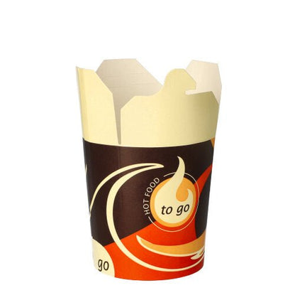 Starpak 50 Snackboxy "To Go" hranaté - 550 ml od Starpak sú kartónové kontajnery na jedlo na prenášanie s béžovo-hnedo-oranžovým dizajnom a nápismi „To Go“ a „Warm Food“. Zobrazené sú prázdne s čiastočne otvorenými veko-klapkami pred bielym pozadím.