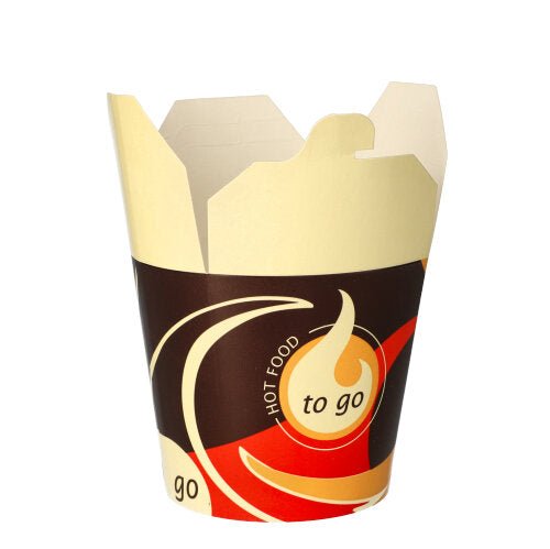 Jeden hranatý obal na jedlo so sebou (750 ml) Starpak Snackboxov „To Go“ stojí vzpriamene na bielom pozadí a má farebný dizajn s nápisom „Hot Food to Go“ na prednej strane – ideálny na prenášanie vašich obľúbených jedál.