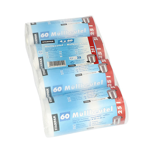 Štyri rolky Starpak 240 vriec na odpad, HDPE 25 l (52 x 50 cm), s každým 60 priehľadnými vrecami, sú dodávané v priehľadnom plastovom obale s modrými a červenými nemeckými etiketami – ideálne pre hygienické likvidovanie odpadu.