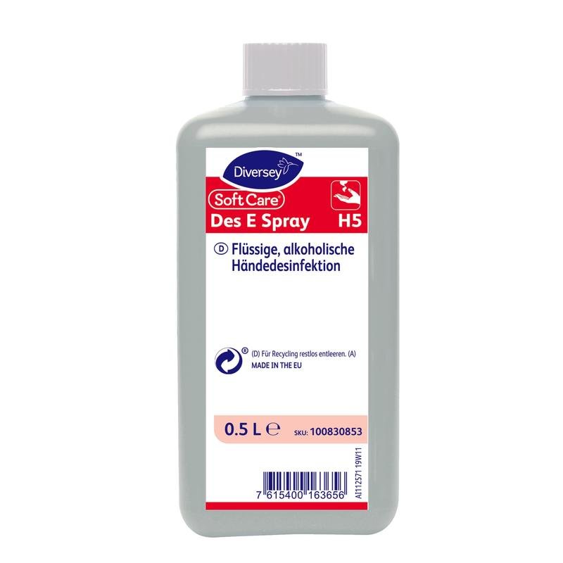 Pol litrová fľaša Soft Care Des E Spray H5 dezinfekcia na ruky od Diversey Deutschland GmbH & Co. OHG, v praktickej sprejovej forme, označená nemeckým jazykom so sivým telom, bielym uzáverom a informáciami o produkte/recyklácii na prednej strane.