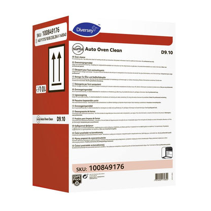 Bielo-červený 5-litrový kanister Diversey Suma Auto Oven Clean D9.10, vysoko alkalický čistiaci prostriedok pre automatické čistenie konvektomatov od Diversey Deutschland GmbH & Co. OHG, s viacjazyčnými pokynmi a SKU 100849176.