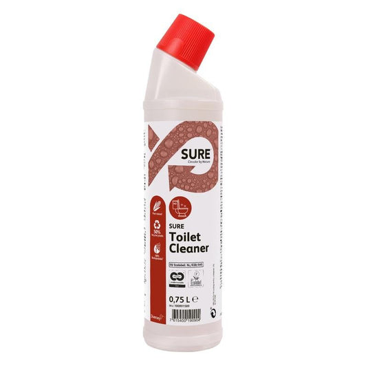 Biela plastová fľaša s objemom 0,75 l s názvom SURE Toilet Cleaner, čistič na toalety a pisoáre od spoločnosti Diversey Deutschland GmbH & Co. OHG, s červeným uhlovým uzáverom a červeno-bielou etiketou, zabezpečuje účinné čistenie toaliet a pisoárov.
