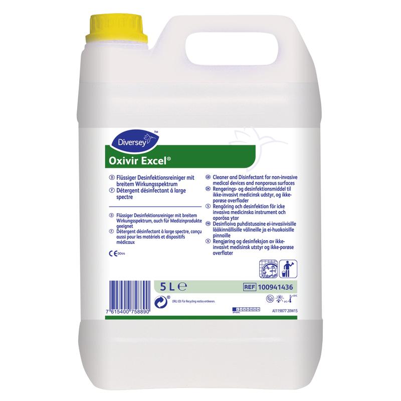 5-litrová nádoba z bieleho plastu s Oxivir Excel, koncentrovaným dezinfekčným prostriedkom s AHP od Diversey Deutschland GmbH & Co. OHG, s modrou viacjazyčnou etiketou a rukoväťou na vrchu.