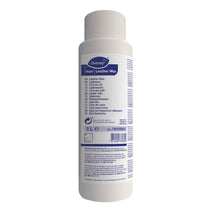 Biela 1L fľaša TASKI Leather Wax od Diversey Deutschland GmbH & Co. OHG má na prednej strane modrú a fialovú etiketu s informáciami o produkte a pokynmi na efektívnu starostlivosť o kožu a prirodzený lesk vo viacerých jazykoch.