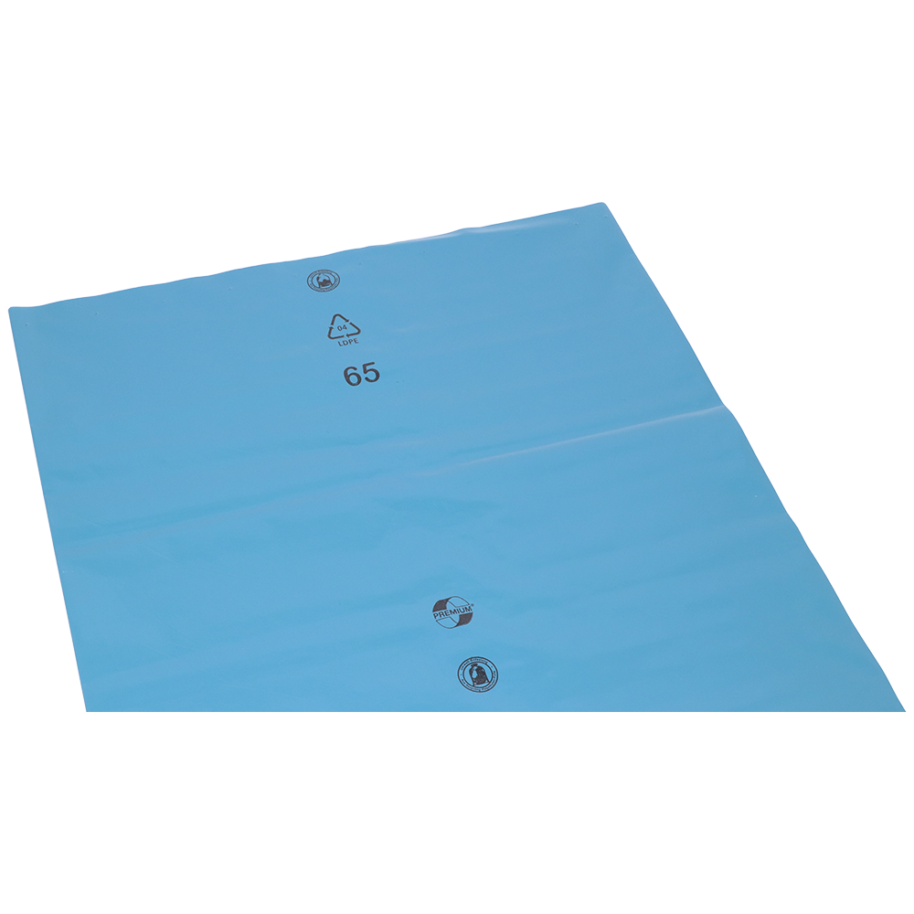 DEISS 10103 (700x1100x0,15 mm) od EMIL DEISS KG je modrá, plochá plastová fólia na likvidáciu odpadu s 3 ventilačnými otvormi a čierne potlačenými symbolmi (recyklačné logo, "LDPE", "65"), podobne ako modré vrecia na odpad. Balené v kartónoch po 50 kusoch.