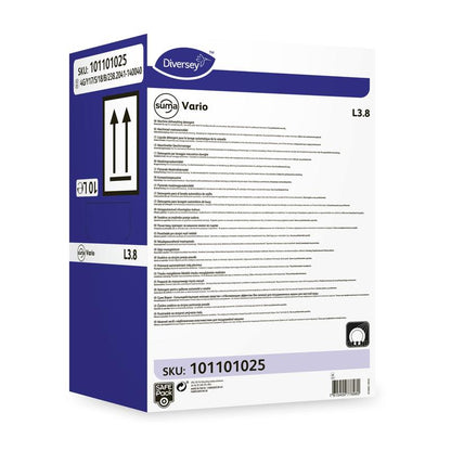 Pravouhlá škatuľa Diversey Suma Vario L3.8 čistiaceho prostriedku na riad s bielidlom bez chlórového zápachu (SKU 101101025) od Diversey Deutschland GmbH & Co. OHG ukazuje detaily produktu, čiarové kódy, čierne šípky smerujúce nahor a kapacitné značky na bielo-modrom pozadí.
