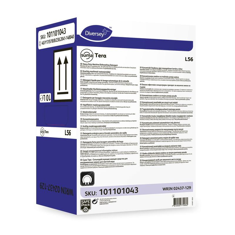 Eine weiß-violette Schachtel mit der Aufschrift „Diversey Suma Tera L56, Hochkonzentrierter Geschirrreiniger für Hartwasser“ von Diversey Deutschland GmbH & Co. OHG mit Produktdetails, Sicherheitsinformationen, Barcodes, Pfeilen, SKU 101101043 und WRIN 02437-129.