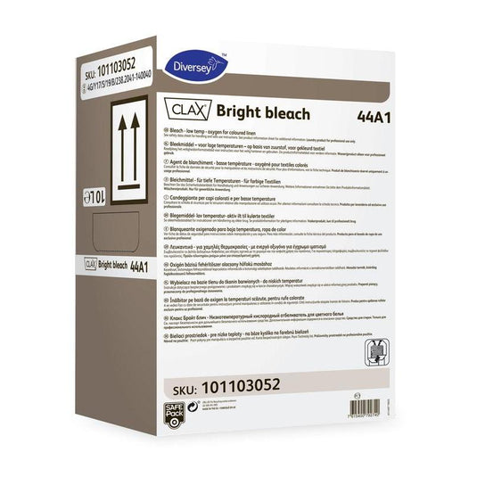 Obdĺžniková nádoba s nápisom „Clax Bright Bleach 44A1 – bielidlo na farebné prádlo“ od spoločnosti Diversey Deutschland GmbH & Co. OHG, s viacjazyčnými informáciami o produkte, návodom na použitie a varovnými upozorneniami. Účinné na farebné prádlo a odolné škvrny. Číslo výrobku: 101103052.