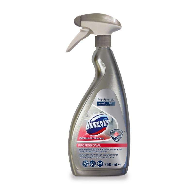 Strieborná 750 ml sprejová fľaša DOMESTOS Professional 4in1 sanitárneho čistiaceho prostriedku od Diversey Deutschland GmbH & Co. OHG stojí vzpriamene na bielom pozadí. Etiketa zobrazuje modré, červené a strieborné informácie o produkte a značke.