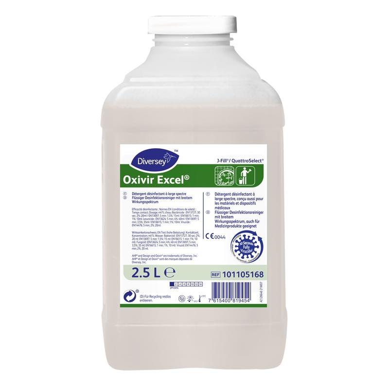 2,5-litrová fľaša Oxivir Excel, koncentrovaný dezinfekčný prostriedok s AHP od Diversey Deutschland GmbH & Co. OHG, s bielym uzáverom a zeleno-bielou etiketou s informáciami o produkte, pokynmi a detailmi o značke.