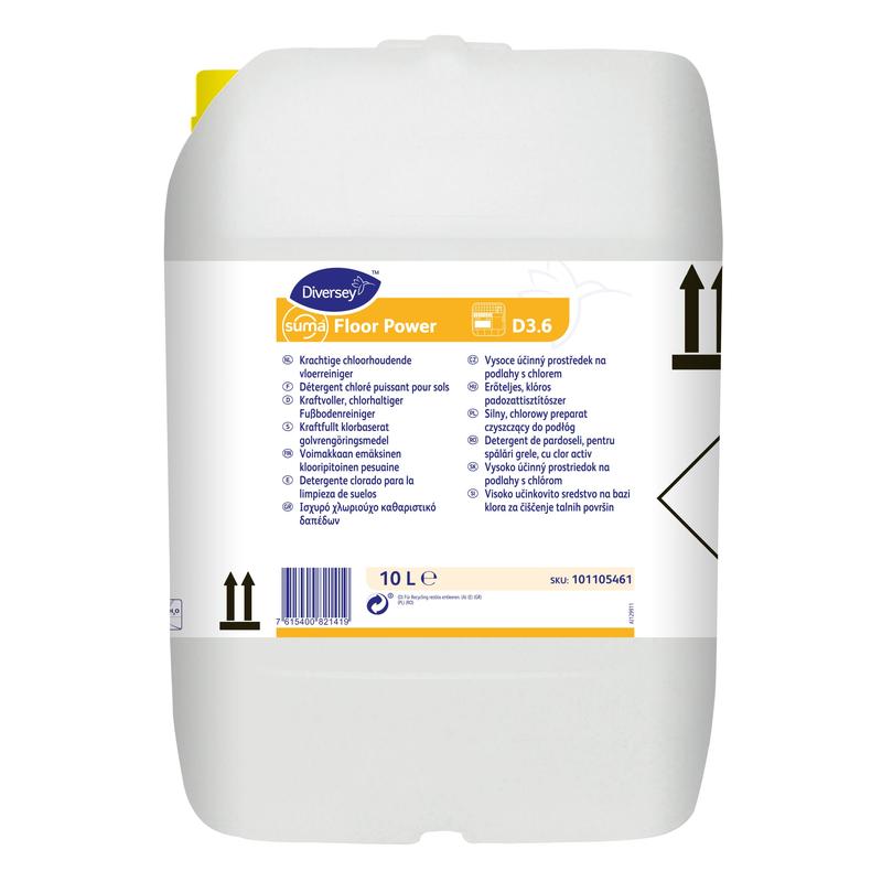 10-litrový kanister Suma Floor Power D3.6, chlóralkalický čistič podláh od Diversey Deutschland GmbH & Co. OHG, so žltým viečkom a viacjazyčnou etiketou s pokynmi a čiernymi symbolmi.
