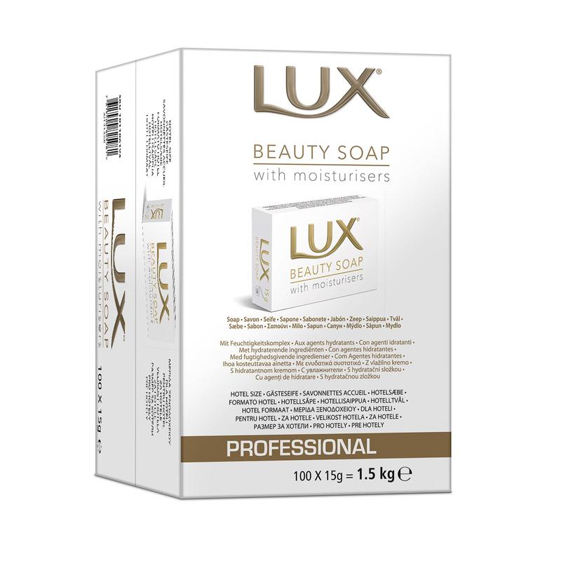 Balenie 100 kusov LUX Professional Beauty Soap hotelového mydla (každé 15 g, celkom 1,5 kg) od Diversey Deutschland GmbH & Co. OHG, s nápisom "Professional" pre hotelové a hosťovské použitie, s produktovými údajmi a obrázkom na bielej krabici.