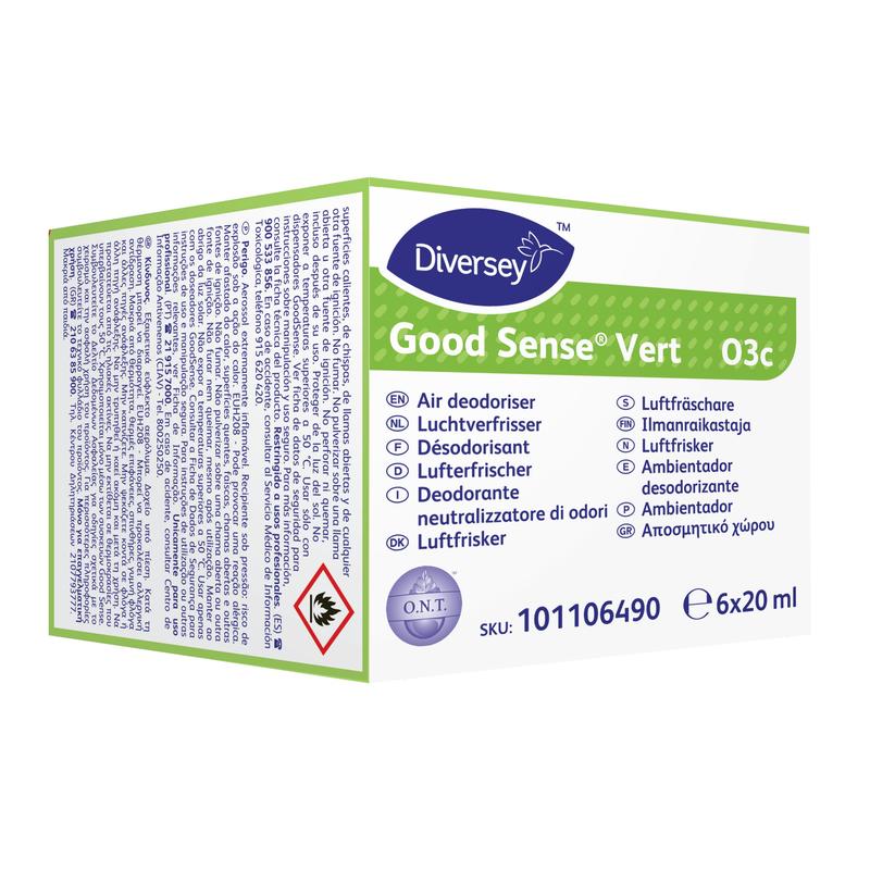 Krabica Good Sense Vert vonné kazety (6 kusov) pre osviežovač vzduchu Good Sense od Diversey Deutschland GmbH & Co. OHG, s viacjazyčnými informáciami, symbolom nebezpečenstva a 6 x 20 ml kartuší na balenie.