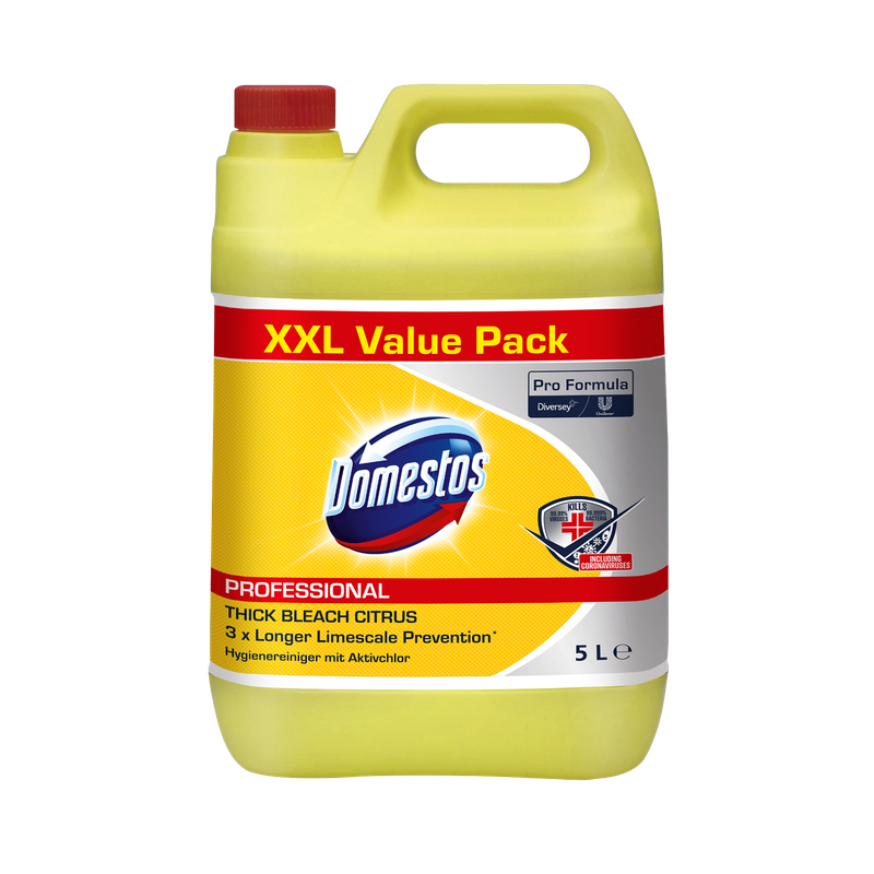 5-litrový kanister zo žltého plastu s nápisom „DOMESTOS Professional 5 L Kanister, hygienický čistič s aktívnym chlórom“ od Diversey Deutschland GmbH & Co. OHG, s červeným viečkom a produktovým označením na prednej strane.