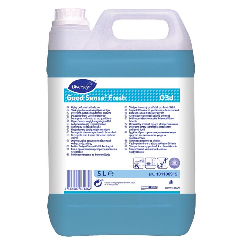 Päťlitrový kanister Diversey Deutschland GmbH & Co. OHG Good Sense Fresh, vysoko parfumovaný univerzálny čistič s technológiou O.N.T., s modrou tekutinou a viacjazyčnou etiketou s detailmi o produkte, pokynmi na použitie a bezpečnostnými upozorneniami.