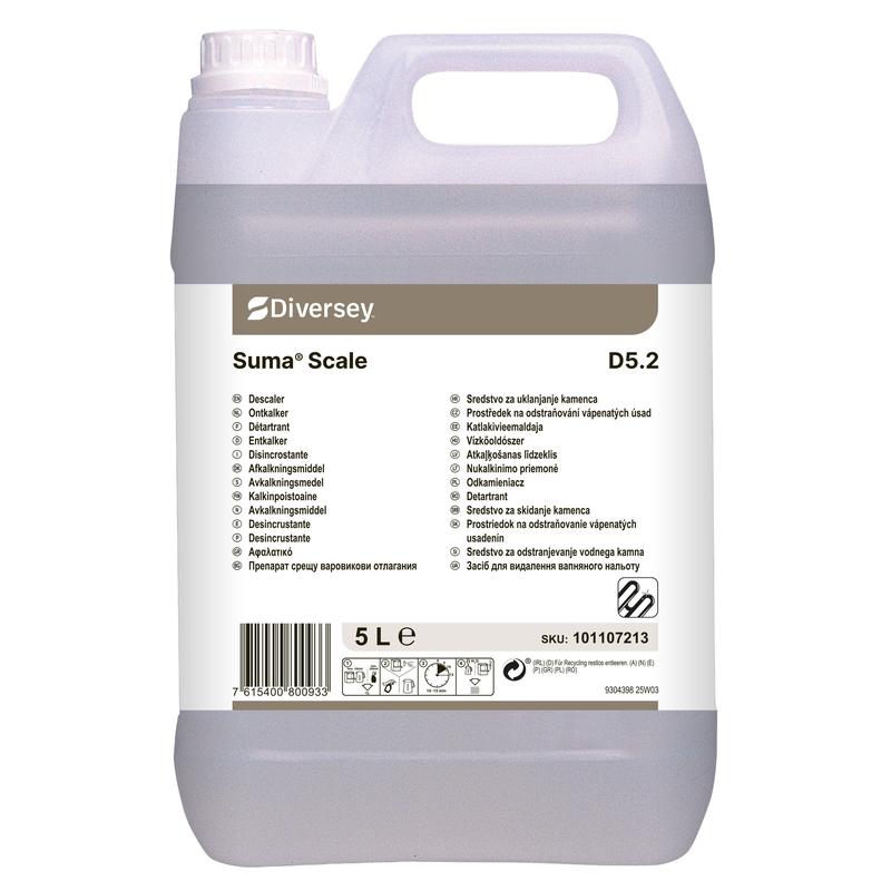 5 l kanister Suma Scale D5.2 odstraňovač vodného kameňa od Diversey Deutschland GmbH & Co. OHG, na periodické použitie, s viacjazyčnou etiketou s informáciami o produkte, návodom, čiarovým kódom a číslom SKU.