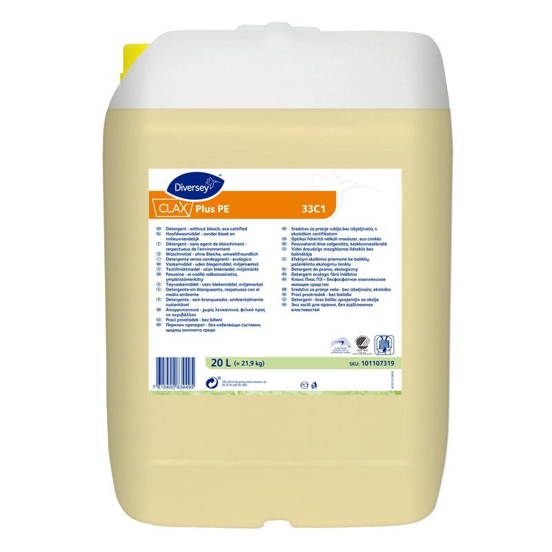 20-litrový plastový kontajner Diversey Clax Plus Pur-Eco 33C1 prací prostriedok (bez bielidla, ekologicky certifikovaný) od Diversey Deutschland GmbH & Co. OHG, s bielym uzáverom a viacjazyčnou etiketou s informáciami o produkte.