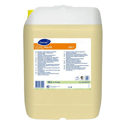 20-litrový plastový kontajner Diversey Clax Plus Pur-Eco 33C1 prací prostriedok (bez bielidla, ekologicky certifikovaný) od Diversey Deutschland GmbH & Co. OHG, s bielym uzáverom a viacjazyčnou etiketou s informáciami o produkte.