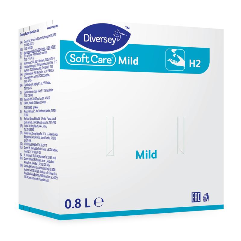 Biela-modrá škatuľa s nápisom "Diversey Soft Care Mild" (800 ml) od Diversey Deutschland GmbH & Co. OHG zobrazuje symbol umývania rúk a propaguje jemnú mydlovú emulziu na umývanie rúk.