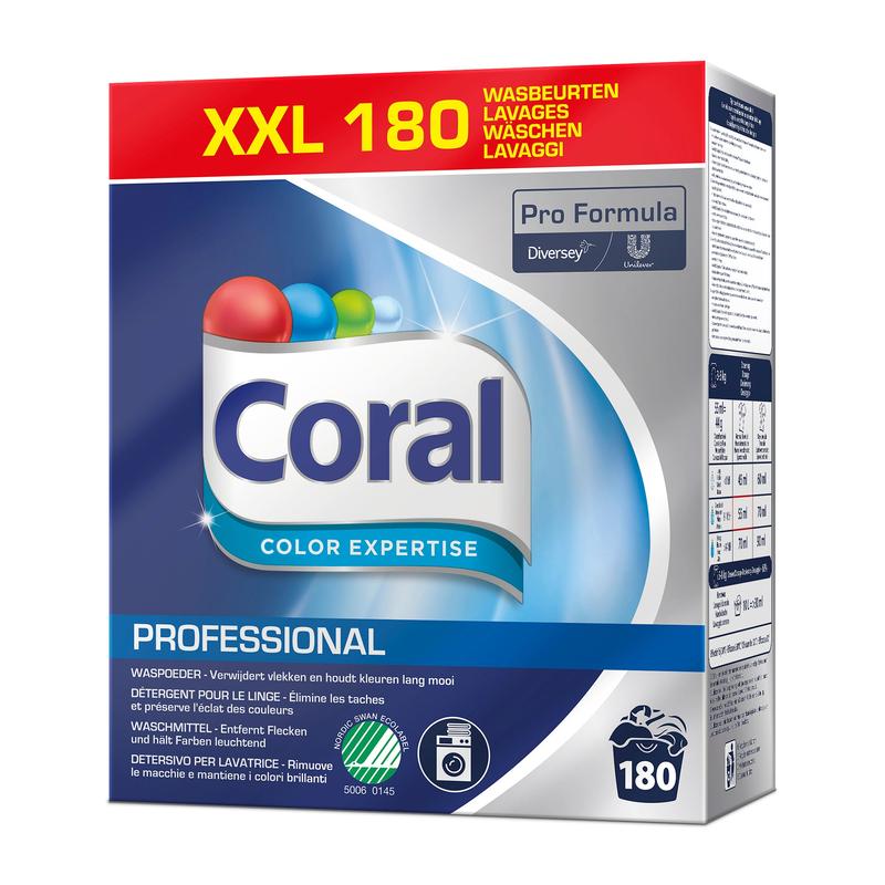 Jedna plechovka Coral Professional Color Expertise Color-Prašok na pranie (180 praní, 8 kg prášku) od Diversey Deutschland GmbH & Co. OHG s Pro Formula brandingom, modrým dizajnom a poskytuje ochranu farieb a vlákien pre žiarivé farby.