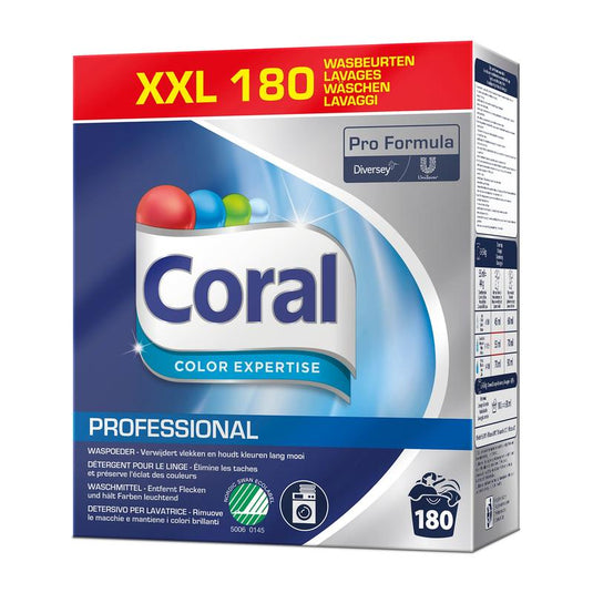 Jedno balenie pracieho prostriedku Coral Professional Color Expertise (180 praní, 8 kg prášku) od spoločnosti Diversey Deutschland GmbH & Co. OHG s označením Pro Formula, v modrom dizajne, ktoré chráni farby a vlákna a zaisťuje žiarivé farby.