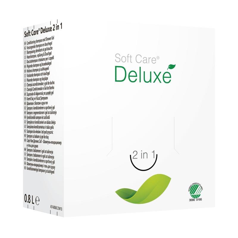 Biela škatuľka s nápisom „Soft Care Deluxe 2 v 1, sprchový gél & šampón“ od Diversey Deutschland je vybavená zelenou grafikou listu, indikátorom objemu 0,8 litra, bočnými pokynmi a ekologickým znakom na prednej strane.