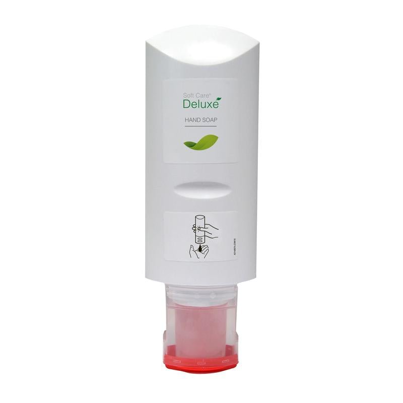 Biely nástenný dávkovač Soft Care Deluxe mydla na ruky (300 ml, Diversey Deutschland GmbH & Co. OHG) so zeleným dizajnom listov, aplikačným obrázkom a červenou náplňou - ideálny na každodennú starostlivosť o pokožku.