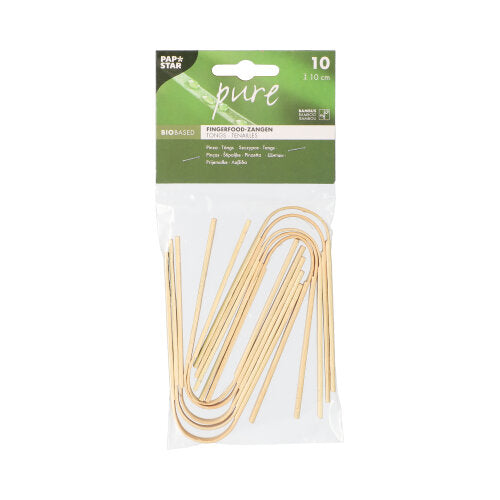 V priehľadnom plastovom balení sa nachádza 10 PAPSTAR Fingerfood-klieští z bambusu (10 cm), ideálne na občerstvenie. Na vrchnej strane je zeleno-biela etiketa so značkou PAPSTAR GmbH a produktovými informáciami v niekoľkých jazykoch - perfektné na párty.
