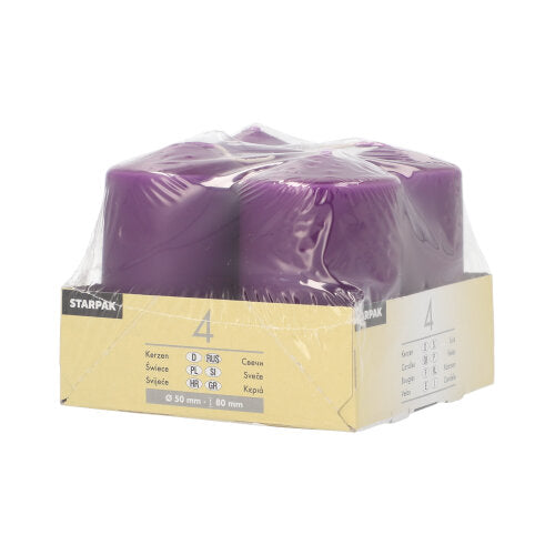 Štyri slonovinové Starpak valcové sviečky (Ø 50 mm, 80 mm, plochý vrch) sú zabalené v priehľadnom plastovom obale a označené béžovo-bielou etiketou, na ktorej je značka Starpak a detaily o sviečkach. Sú vyrobené z kvalitného vosku pre trvalú kvalitu.