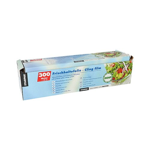 Starpak čerstvá fólia, PVC 300 m s praktickým rezacím systémom, je dodávaná v modrej krabici s nápisom „Cling film“. Balenie zobrazuje šalátovú misu a má integrovaný rezací systém na jednoduché rezanie.
