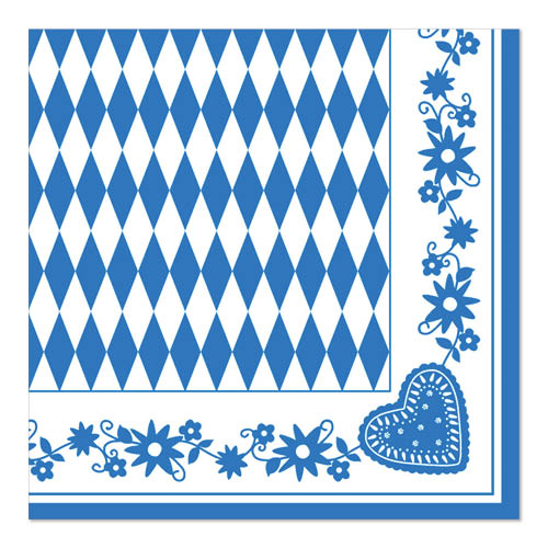 Die PAPSTAR Servietten 1/4-Falz, 40x40 cm blau, "Bayrisch Blau" von PAPSTAR GmbH haben eine blau-weiße Rautenmitte mit blauer Blumen- und Herzbordüre - ideale bayerische Servietten zum Oktoberfest (50 Stück).