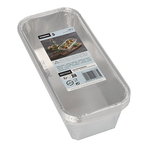 Starpak 5 formy na pečenie, hliníkové obdĺžnikové (1,09 l, 6x10,2x23 cm), sú obdĺžnikové formy na pečenie v priehľadnom zmršťovacom balení. Každé balenie obsahuje päť foriem s informáciami o produkte a fotografiou jedla na veku - perfektné na pečenie.