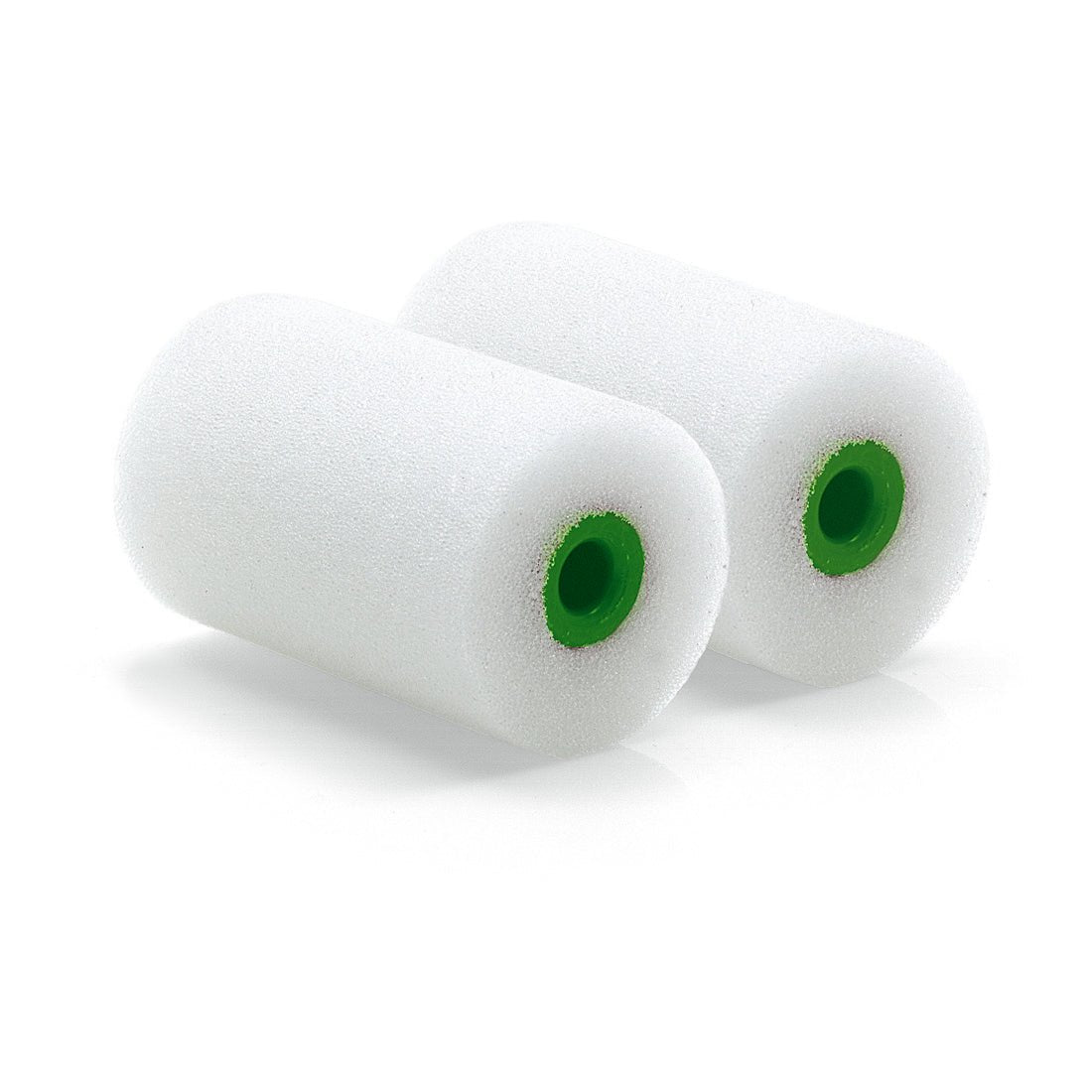 Dva Nölle Profi Brush Mini-maliarske valčeky Fein 5,5 cm / Ø 35 mm od Nölle Profi Brush Bürsten- & Pinseltechnik e.K. so zelenými plastovými jadrami stoja vedľa seba na bielom podklade - perfektné pre profesionálne maliarske práce na hladkých povrchoch.