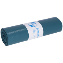 Ein eng gerolltes Bündel blauer DEISS Müllsäcke 575x1000x0,05 mm aus Recycling-LDPE 70 l von EMIL DEISS KG (GmbH + Co.) mit einem weißen Etikett in der Mitte, das die Produktinformation zeigt.