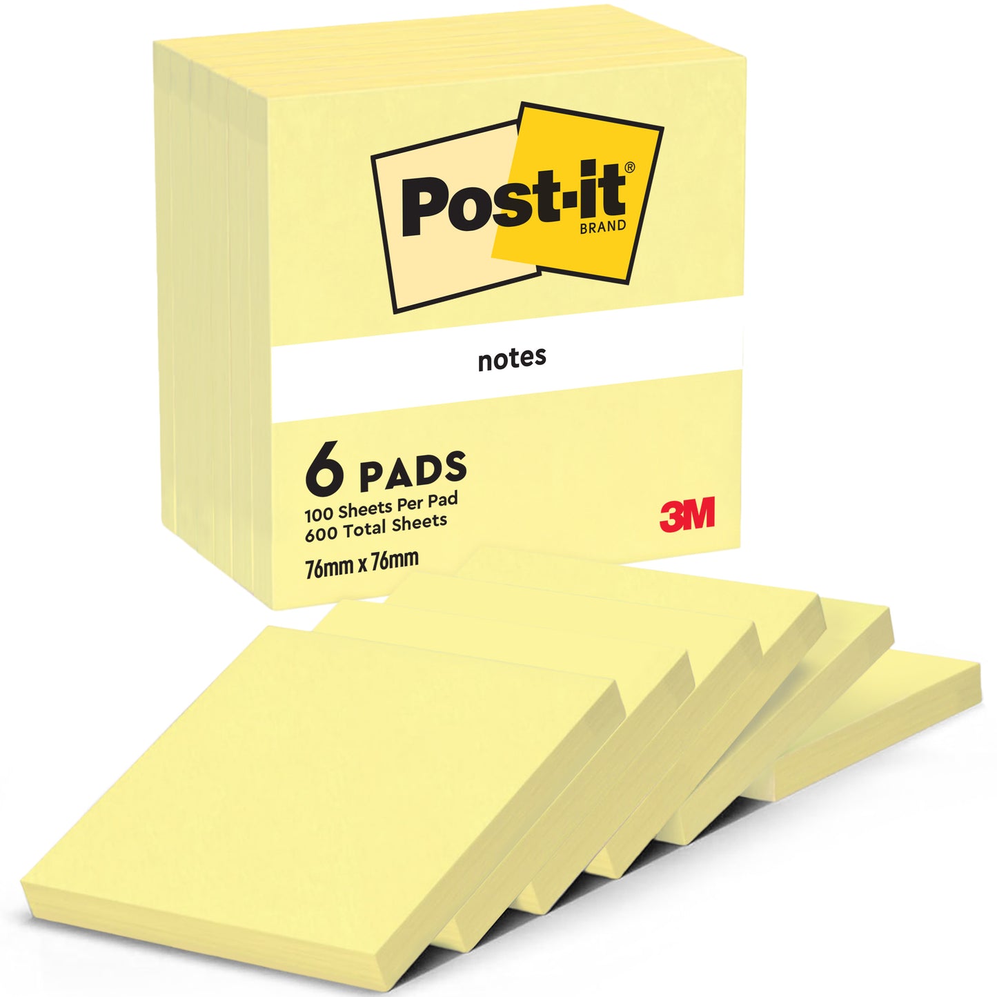 Eine Packung mit sechs Post-it® Notes der 3M Deutschland GmbH (76 mm x 76 mm, 100 Blatt/Block, 100 % PEFC) ist aufgefächert abgebildet, Marke und Logo sind auf der Verpackung sichtbar.