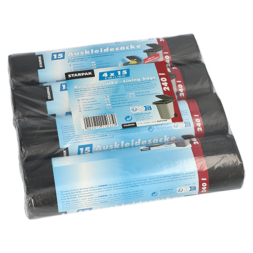 Jedno balenie s 60 čiernymi Starpak vrecia na odpad (135 x 120 cm, 240 l) je zvinuté do štyroch zväzkov po 15 kusoch a zabalené v ekologickej zmršťovacej fólii. Modro-biela etiketa s podrobnosťami o produkte.