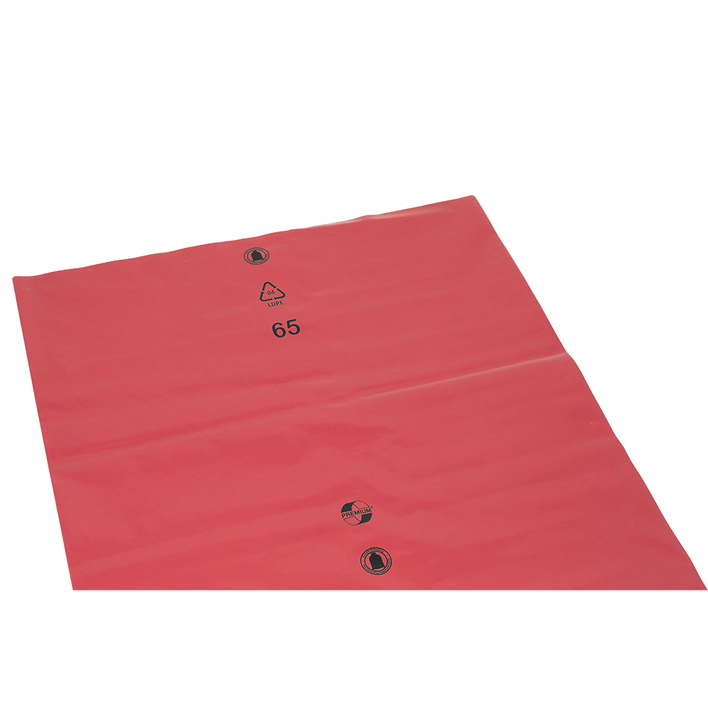 Eine flache, rote Kunststofffolie oder -tasche (15 mm) der EMIL DEISS KG, Modell DEISS 11106 - 700x1100x0,15 mm rot | Karton (75 Stück), zeigt drei schwarze Symbole, darunter ein Recyclingzeichen und die Zahl 65 auf weißem Hintergrund.