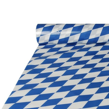 Fólia na obrus Starpak (1 rolka), 20 m x 1 m, má lesklý bavorsko-modro-biely kosoštvorcový vzor, ktorý je inšpirovaný bavorskou vlajkou a je ideálny na slávnostné príležitosti.
