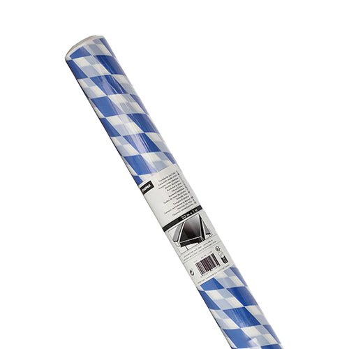 Rolka obrusu Starpak, fólia 20 m x 1 m „Bavorská Modrá“ s modro-bielym kosoštvorcovým vzorom; zobrazená šikmo, etiketa je viditeľná dole. Značka: Starpak.